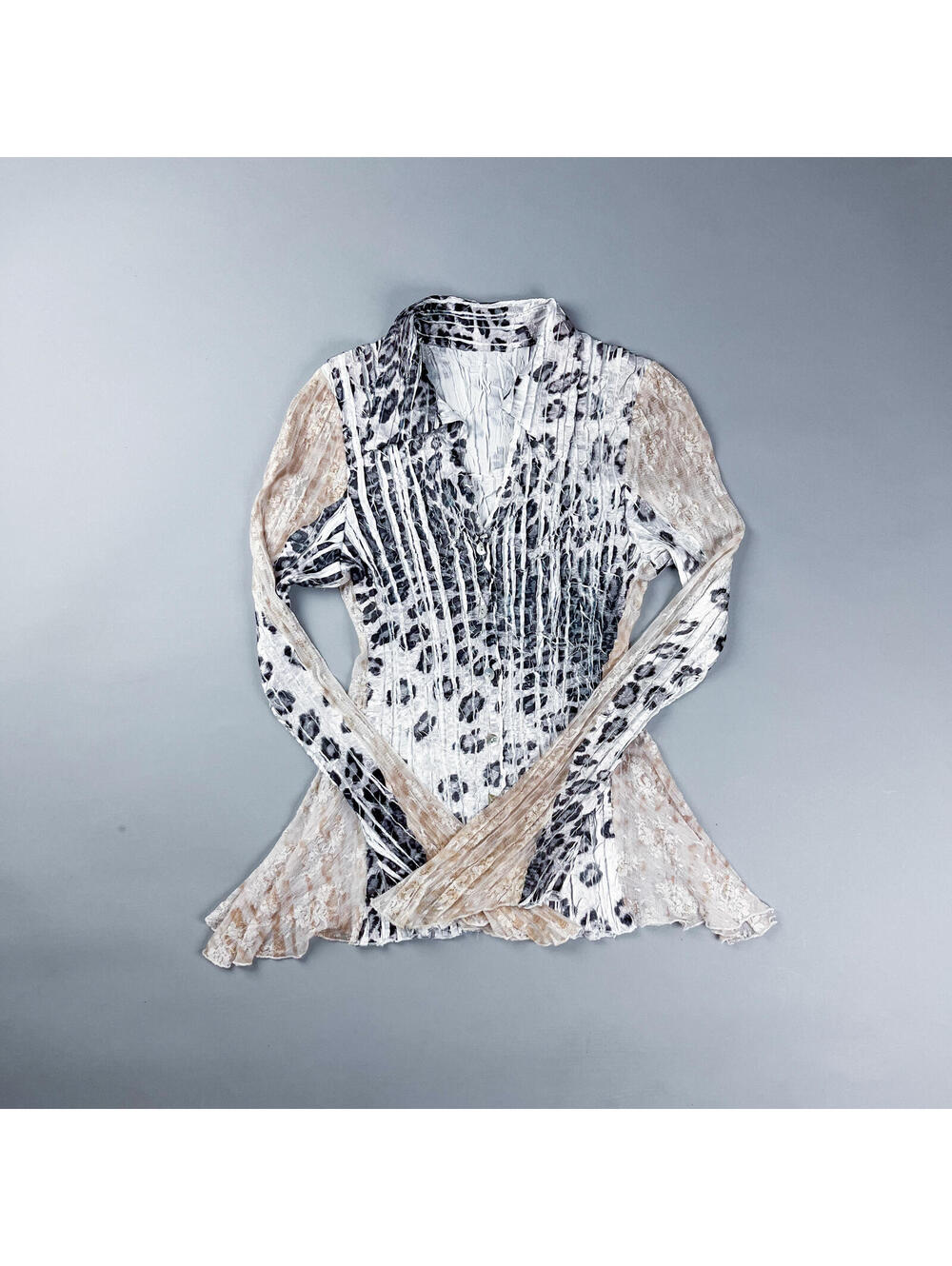 Y2K Long Sleeve Pleated Sheer Animal Print Blouse